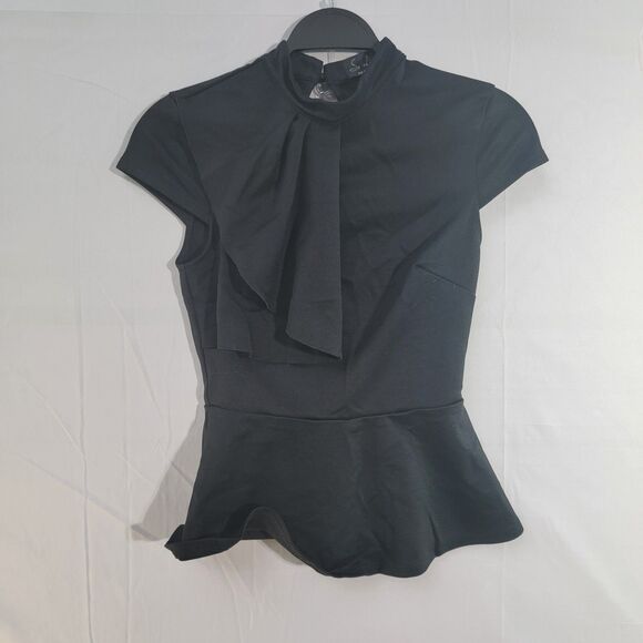 So London Sexy Black Blouse Asymmetrical Ruffle Cap Sleeve Peplum Women's Size 4 - Picture 2 of 8